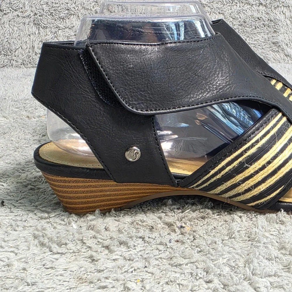 VTG‎ Gloria Vanderbilt Leather Wedge Sandals Black Jute Strappy Women Size 9